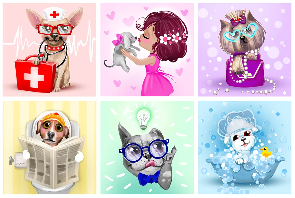 Cartoon puppies: a nurse, a kiss, pearls, potty time, a bright idea and bath time